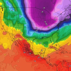 A large mass of polar air is gathering over the United States, and temperatures are dropping to around -50 degrees Celsius.