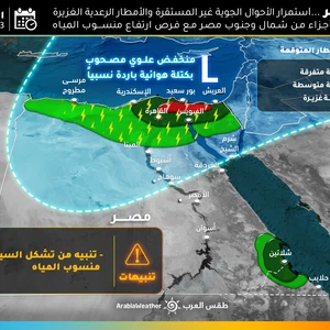  الأربعاء.. استمرار الأحوال الجوية غير المستقرة والأمطار الرعدية الغزيرة على أجزاء من شمال وجنوب مصر مع فرص ارتفاع منسوب المياه.