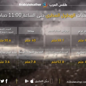 السعودية | كميات الامطار الهاطلة على المملكة حتى الساعة 10:00 من صباح الإثنين