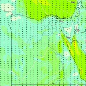 A low pressure system centered south of Türkiye brings active southwesterly winds to northern Egypt tonight.