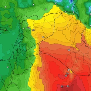 Iraq | The effect of the warm air mass intensified Thursday, with the activity of dust- and dust-inducing winds and an opportunity for thunderstorms from rain