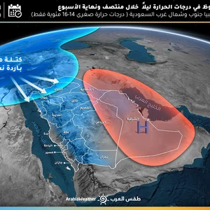 السعودية | كتلة هوائية باردة نسبياً تندفع نحو المنطقة والحرارة الصغرى تنخفض لـ 15 درجة مئوية  
