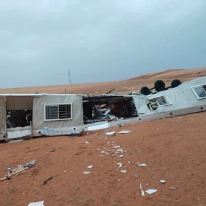 A shocking scene.. A thunderstorm and strong winds cause a trailer to crash and a number of camels die in Saudi Arabia