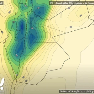 الرطوبة النسبية في طبقة الـ850 هكتوباسكال يوم السبت القادم بحسب النموذج العددي الأمريكي