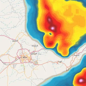Update 7:05 PM: Observing convective thunderclouds advancing towards Mecca, accompanied by rains of varying intensity.