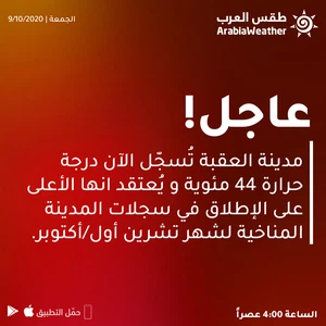 عاجل | العقبة تُسجّل الآن أعلى درجة حرارة على الإطلاق في السجلات المناخية لشهر تشرين أول/أكتوبر (تفاصيل)
