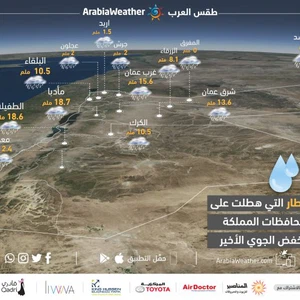 كميات الأمطار المسجلة خلال المنخفض الجوي يوم الاثنين 25-3-2019