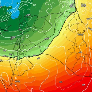 The map shows the areas most likely to receive rain from the upcoming low-pressure system.