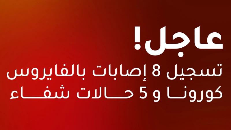 الصحة الأردنية: تسجيل 8 إصابات جديدة بالفايروس كورونا و 5 حالات شفاء الصحة الأردنية: تسجيل 8 إصابات جديدة بالفايروس كورونا و 5 حالات شفاء