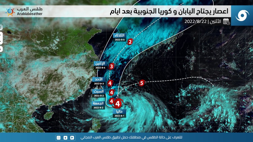 ظاهرة فوجيوارا النادرة تؤثر على إعصار "هينامنور" المُصنف من الدرجة الخامسة (القصوى) و اليابان و كوريا الجنوبية تستعد لإستقباله