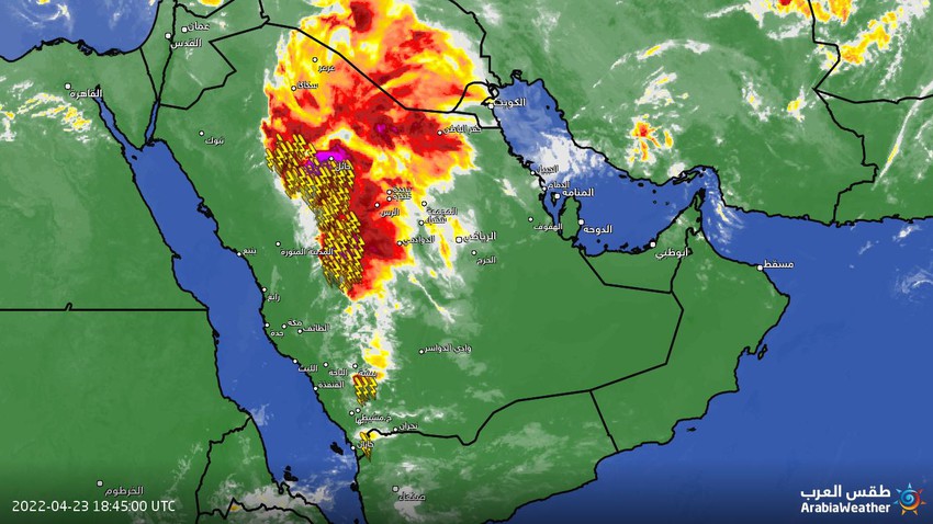 السعودية - تحديث 10:05 ليلاً : سُحب رعدية ماطرة جديدة تتقدم نحو حائل وسط تنبيهات جِدية من جريان السيول