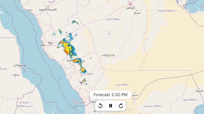 Saudi Arabia - Update 2:25 PM | Active thunderstorms are now affecting eastern Taif and parts of Al-Baha and Asir, and chances of rain will move to Riyadh in the coming hours