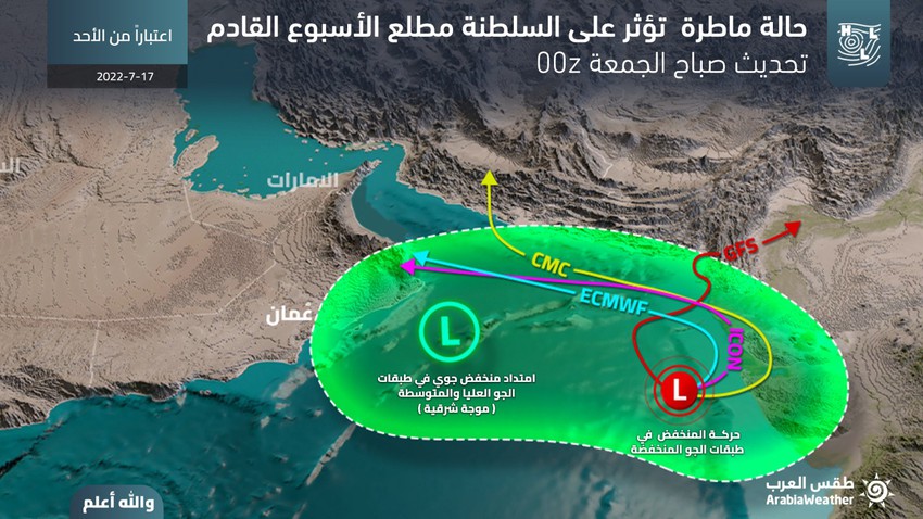 سلطنة عُمان | مُراقبة تشكل منخفض جوي بخصائص مدارية شمال شرق بحر العرب وتأثير مُباشرة مُتوقعة على السلطنة الأحد والإثنين