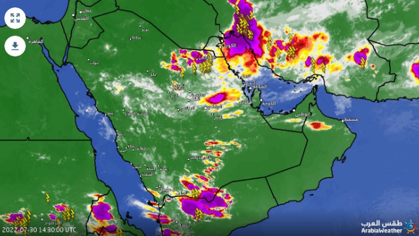 السعودية - 6:00م | حفر الباطن وشمال شرق القصيم تحت تأثير سحب رعدية ماطرة ومراقبة تطور للسحب في بريدة