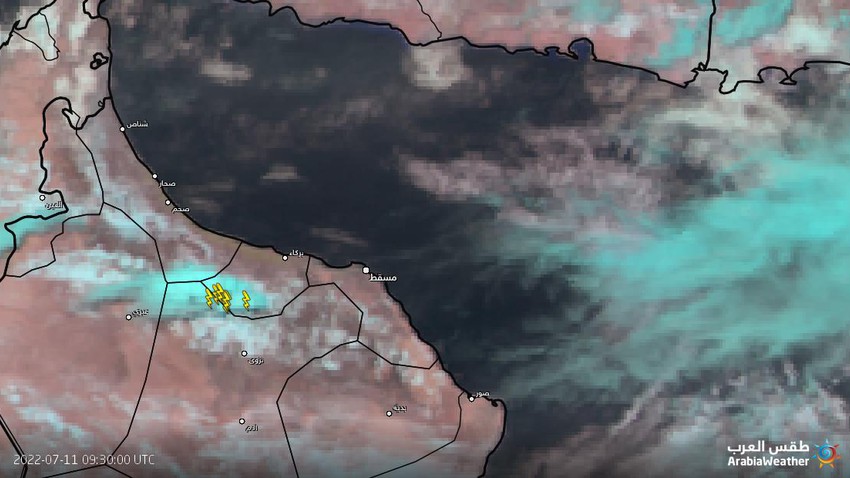 سلطنة عُمان | نشاط للتكونات المحلية على أجزاء من الحجر الغربي مع توقعات بتوسع انتشار السحب الركامية الساعات القادمة