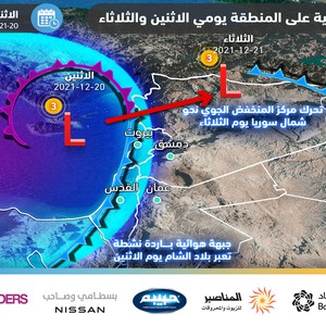 الأردن | منخفض جوي مُصنّف من الدرجة الثالثة يوم الاثنين مرفق بأمطار غزيرة و زخات ثلجية و رياح قوية و درجات حرارة مُتدنية