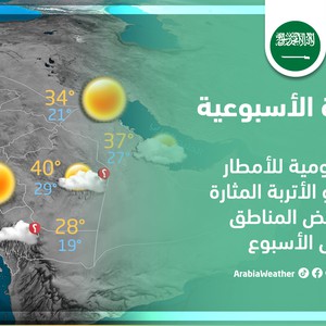 السعودية - النشرة الأسبوعية | فرص يومية للأمطار الرعدية والأتربة المثارة في بعض المناطق خلال الأسبوع