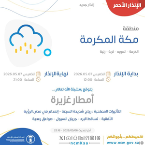 الأرصاد: تحذيرات جوية الخميس تشمل 9 مناطق بينها مكة المكرمة والرياض