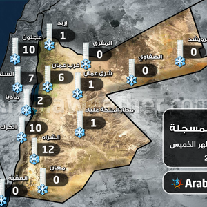 بالشكل التوضيحي: سماكات الثلوج المسجلة حتى الساعة 2 من ظهر الخميس