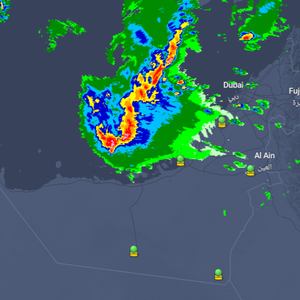 الإمارات - 3:40 فجراً | رادار الأمطار غيث يرصد اندفاع لكميات ضخمة من السحب الرعدية القوية نحو سواحل الدولة