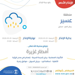Urgent - Asir | Meteorology raises warning level to red due to a weather condition including thunderstorms