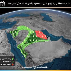 السعودية | استمرار حالة عدم الاستقرار الجوي الأحد و اشتدادها الاثنين 