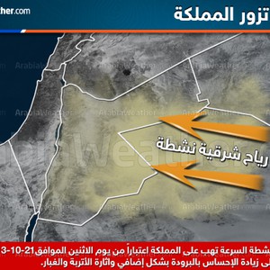 خريطة توضيحية : رياح الشرقية تزور الأردن اعتباراً من الإثنين