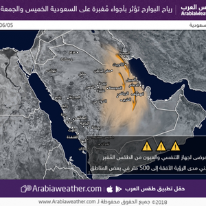 الخميس والجمعة || رياح البوارح تؤثر على شرق ووسط المملكة واجواء مغبرة متوقعة 