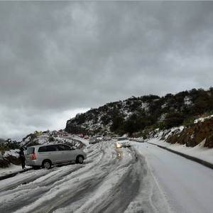 مواطن يُصاب بـ "نوبة فرح" أمام وابل البرد في عفيف 