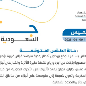 The National Center for Meteorology forecasts thunderstorms and dust-raising winds in several regions of Saudi Arabia.