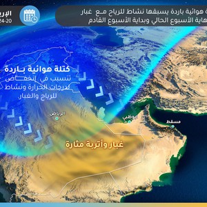 السعودية | تركز الغبار في وسط وشرق المملكة يوم الخميس بالتزامن مع تعمُق الكتلة الهوائية الباردة في أجواء المنطقة