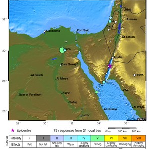 خارطة توضيحية:المناطق التي شعرت بزلزال خليج العقبة
