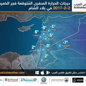 درجات الحرارة الصغرى المتوقعة في بلاد الشام بالتزامن مع الكُتلة الهوائية شديدة البرودة
