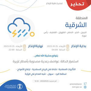 هام | المركز الوطني للأرصاد يرفع مستوى التنبيه في الشرقية إلى تحذير