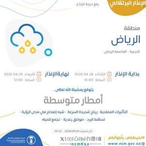 Urgent - Riyadh | The Meteorology Department raises the warning level to orange due to a weather condition involving thunderstorms.