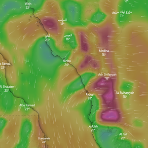 السعودية | رياح نشطة وغبار متوقع يوم الجمعة من شمال جدة وحتى شمال املج