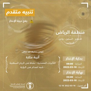 المركز الوطني للأرصاد السعودية يُصدر تنبيه مُتقدم لمنطقة الرياض إثر الأتربة المثارة المُتوقعة اليوم