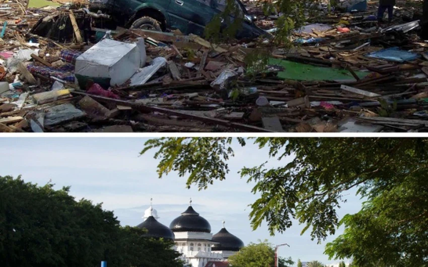 الحطام وآثار الدمار حول المسجد