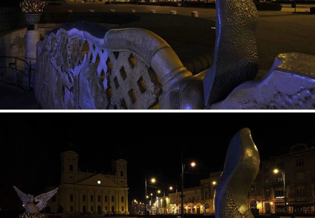 الصورة للكنيسة الكالفينية الكبيرة في ديبريتشين في المجر قبل وبعد اطفاء انوارها