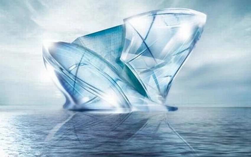 الكريستالة الزرقاء : مشروع جنوني يقضي بتصميم قطعة من الجليد و إبقائها عائمة و مستخدمة من قبل البشر وسط البحر و في ظل درجات الحرارة العالية باستخدام معدلات علمية صعبة للغاية