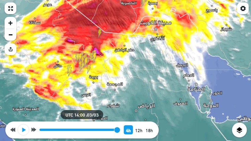 Arabie Saoudite - important | Une ceinture d&#39;orages pleut maintenant entre Hail et Al-Qassim, et elle devrait se déplacer vers Hafar Al-Batin ce soir