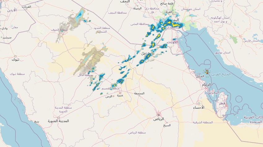 السعودية - 3:00م | بدء الأمطار على أجزاء من حفر الباطن وحائل والقصيم