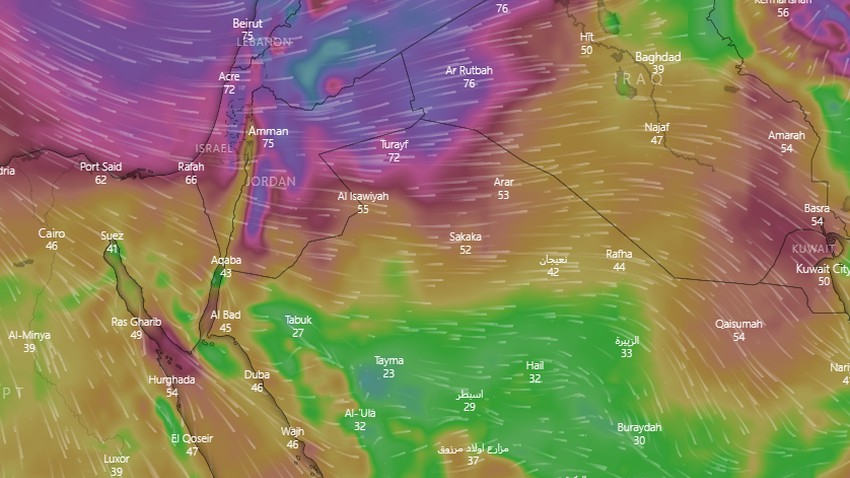 السعودية | رياح نشطة وغبار متوقع شمالاً بالتزامن مع اندفاع لكتلة هوائية باردة نحو المنطقة يوم الجمعة