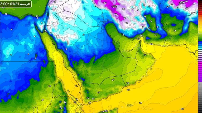 important | A severe cold wave begins to affect Saudi Arabia tonight and expands to include large areas at the end of the week