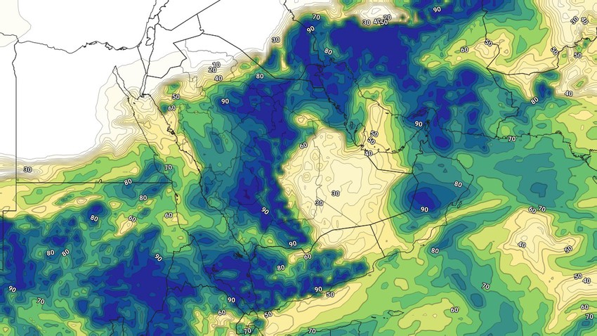 Medium and high clouds and a probability of local showers of rain in some areas of southern Iraq and Kuwait at the end of the week