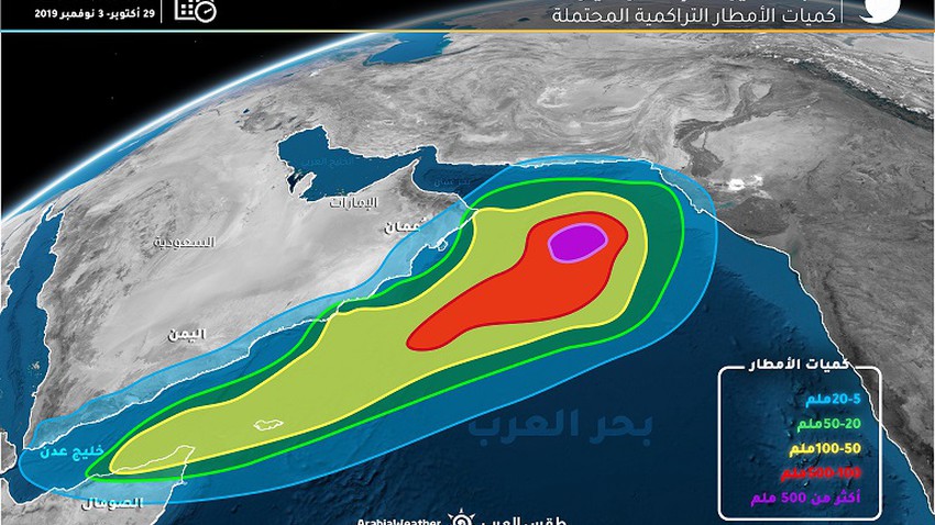 عاجل: طقس العرب يصدر تحديث جديد لمسار إعصار كيار وكميات الامطار المتوقعة على سلطنة عمان 