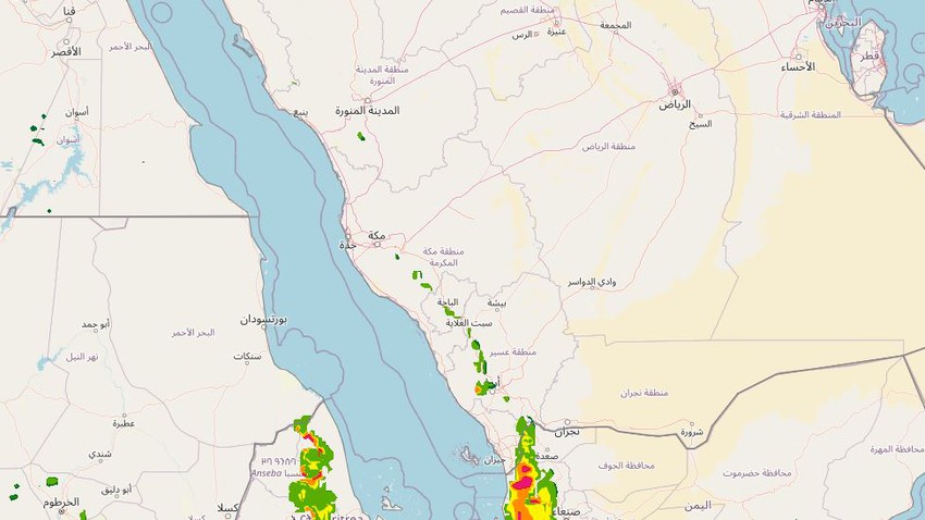 السعودية: زخات من الأمطار على أجزاء من المُرتفعات الغربية و رياح نشطة مُثيرة للأتربة والغبار في بعض المناطق يوم الإثنين
