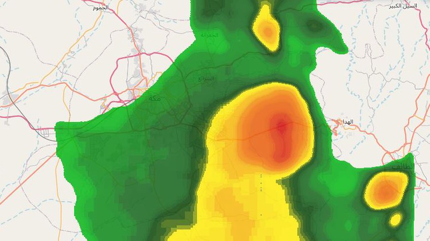 Update 4:20 PM: condensation of cumulus rain clouds east of Makkah Al-Mukarramah and possible effects on Muzdalifah and Arafat shortly