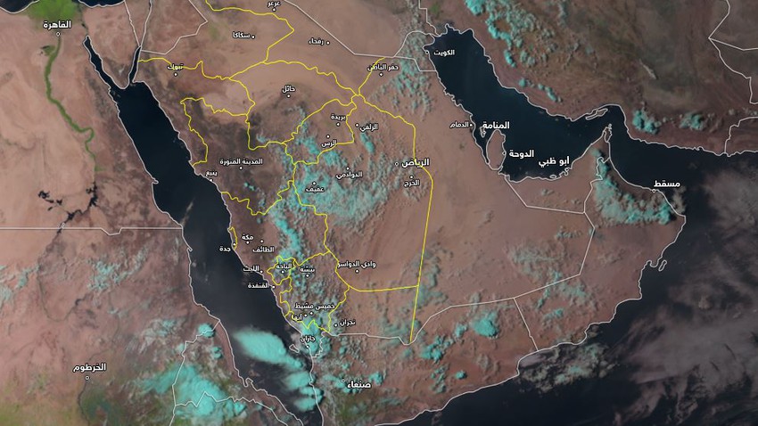 Update 4:10 p.m.: Intensification and spread of cumulus and medium clouds over parts of the southwest and center of the Kingdom