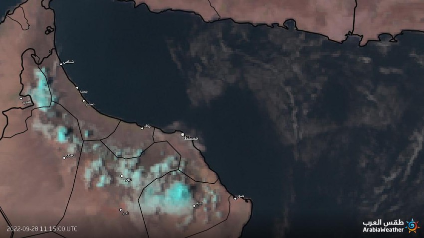 Oman - Update 3:40 pm: The spread of cumulus rain clouds along the Al Hajar Mountains and the presence of autumn clouds over Muscat